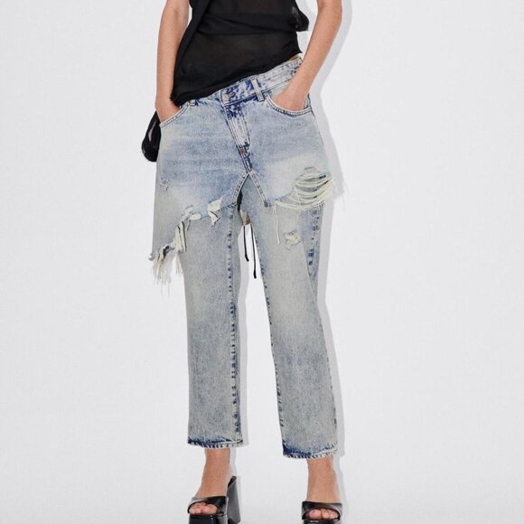 Women's Zara The Layered Denim Pant Blue Jeans Straight Leg Size 2 - Picture 1 of 12